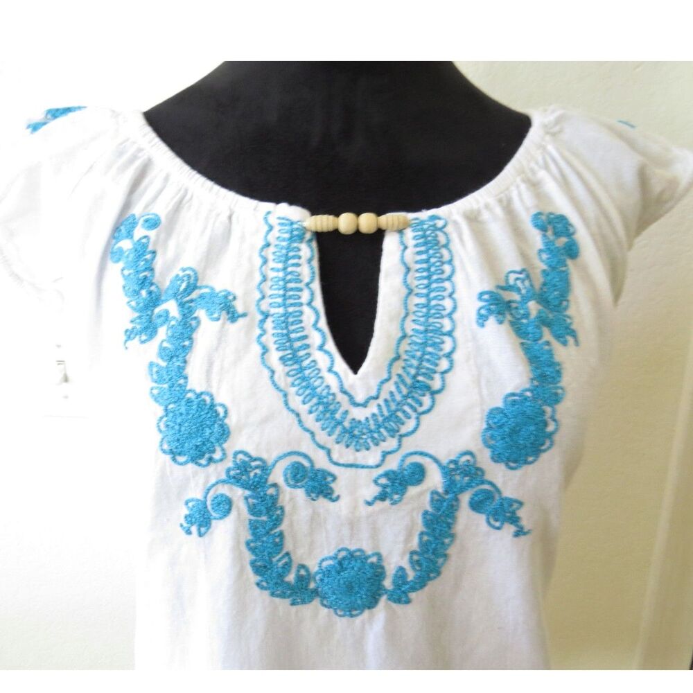 White Peasant Blouse with Bright Turquoise Embroidery